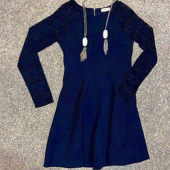 NWT Altar’d State (LG) Navy Blue Knit A-Line Fit & Flare Dress w/ Lace Sleeves - Picture 1 of 13